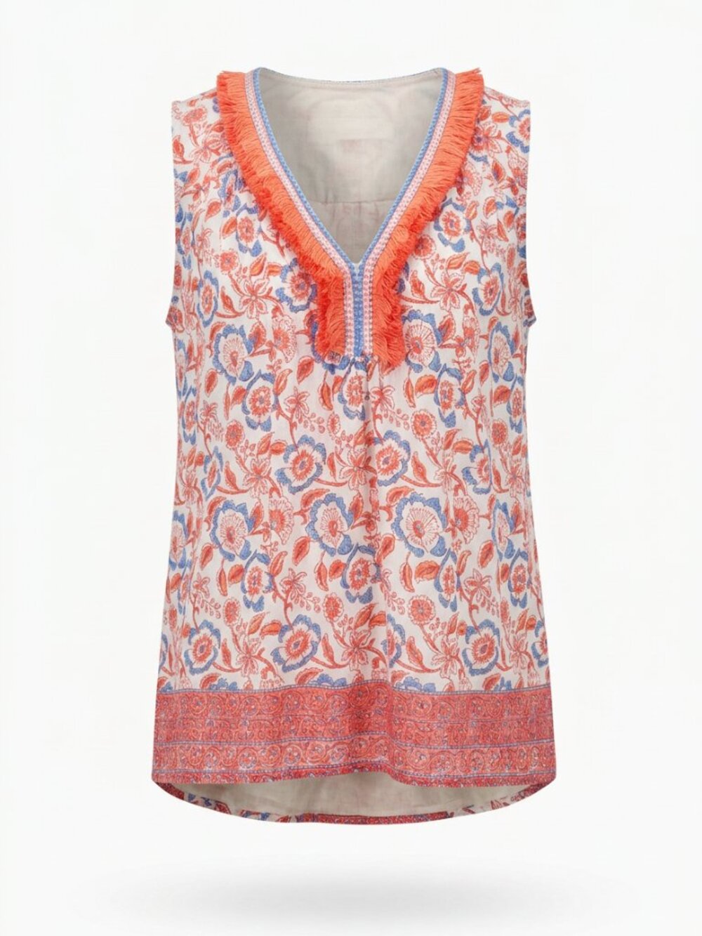 Vineyard Vines Frangipani Floral Pintuck Fringe Tunic Boho Preppy Top Size L